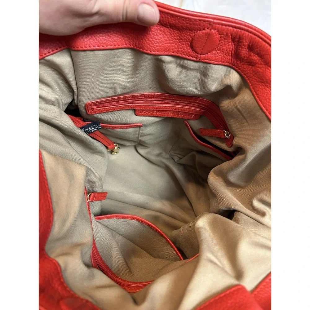 Isaac Mizrahi Live! Red Pebbled Leather Large Tote Hobo Bag Drawstring Gold Feet